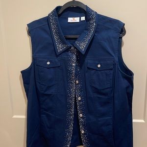 Quacker Factory Blue Rhinestone Embellished Button Vest Women’s Medium